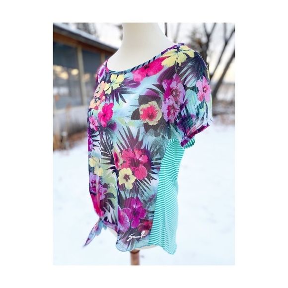 Seven7 Top Tee Shirt Floral Stripe Chiffon Jersey Knit High Low Sheer Knot Sz M - Picture 8 of 11
